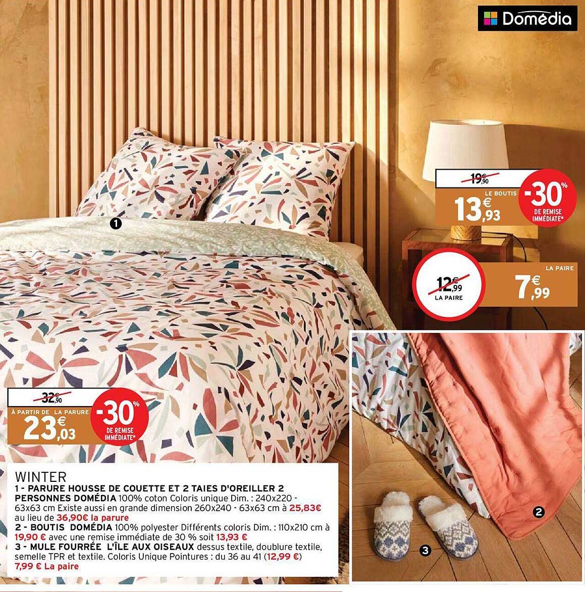 winter : parure housse de couette et 2 taies d'oreiller 2 personnes domédia, boutis domédia, mule fourrée l'île aux oiseaux