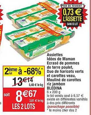 assiettes idées de maman écrasé de pommes de terre poulet, duo de haricots verts et carottes veau, mouliné de carottes riz jambon blédina
