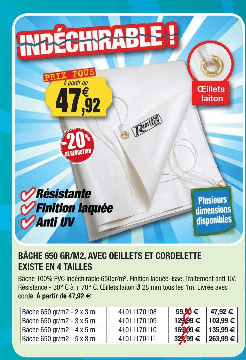 bâche 650 gr-m², avec œillets et cordelette existe en 4 tailles