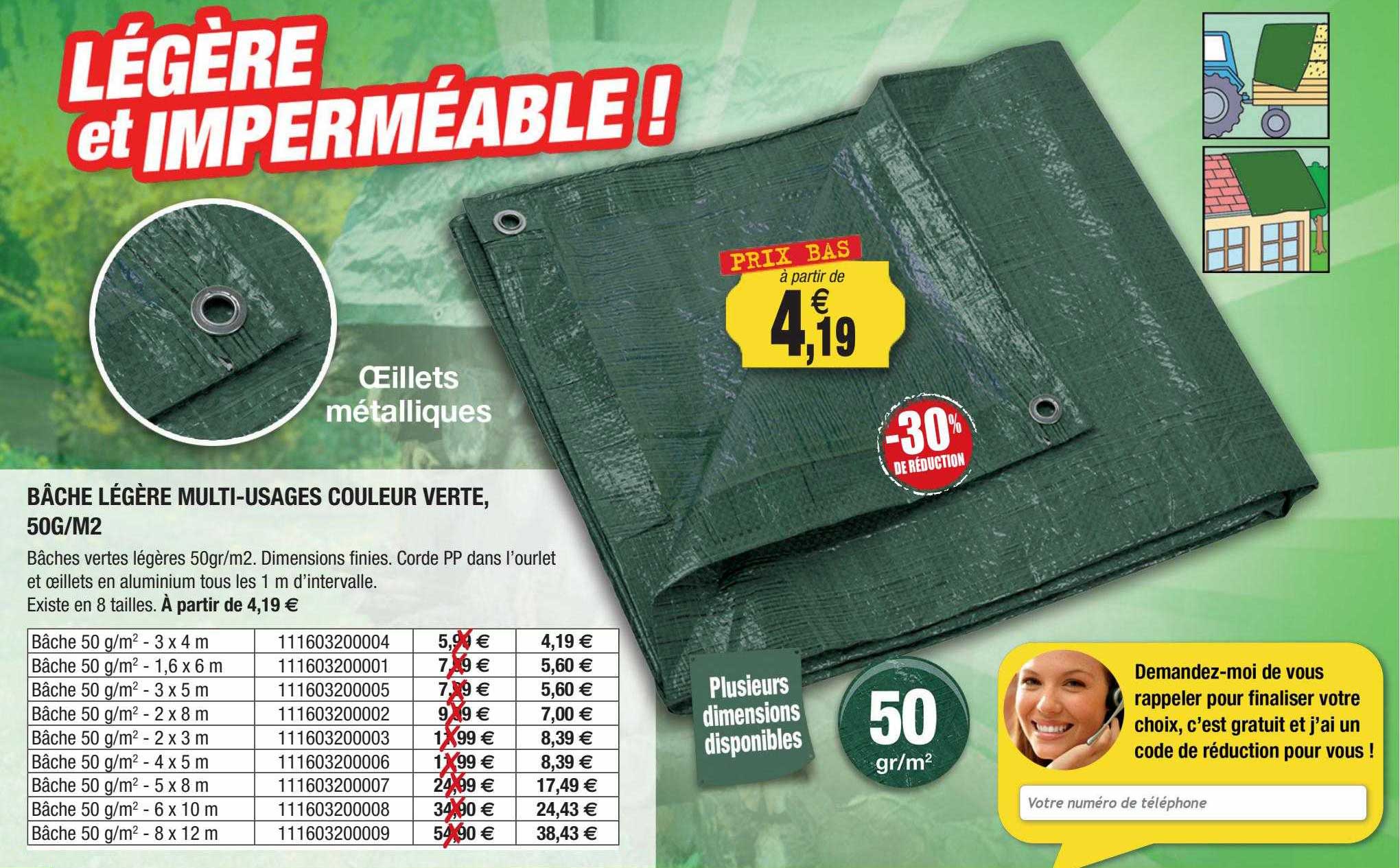 bâche légère multi-usages couleur verte, 50g-m²