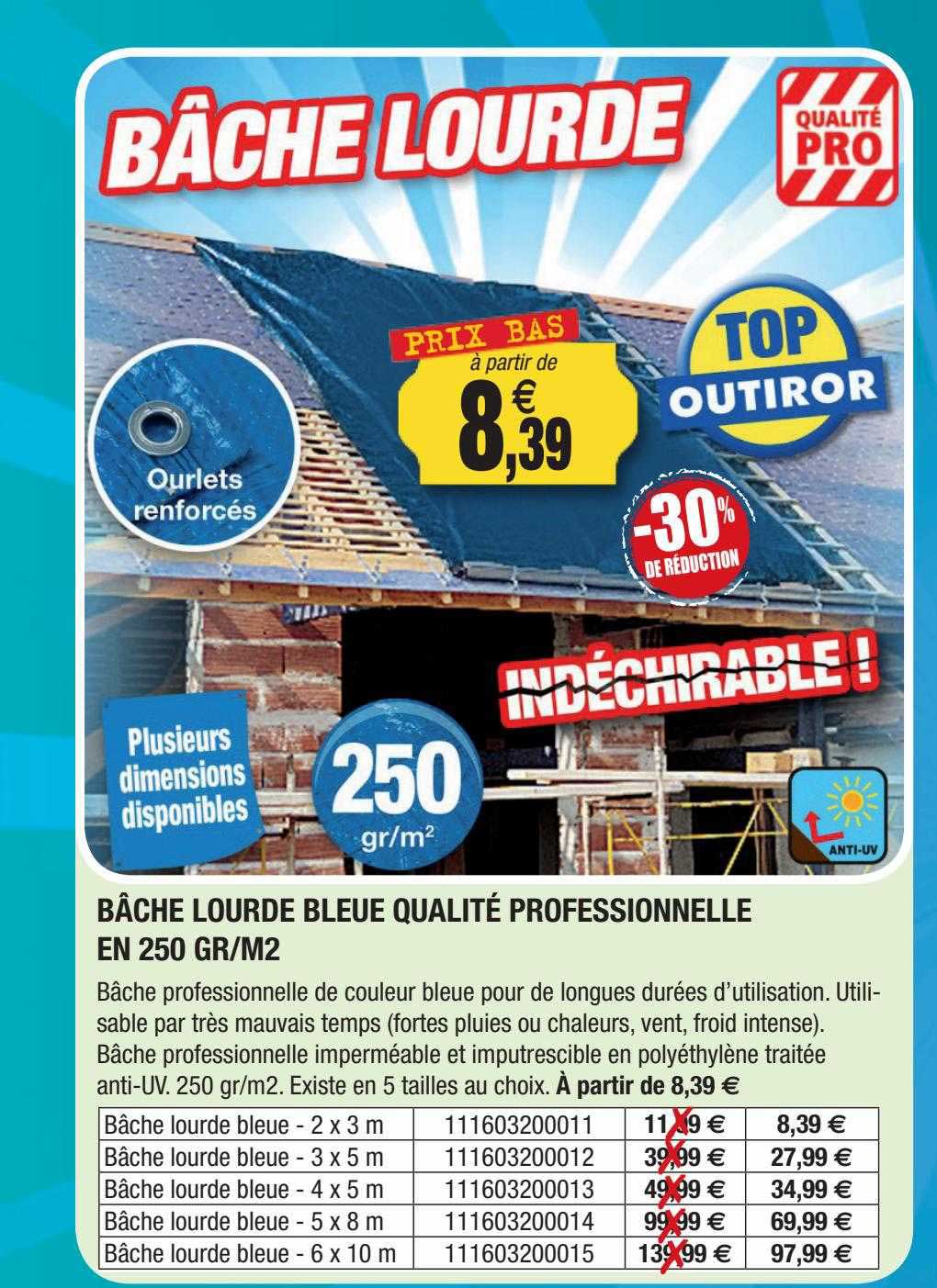 bâche lourde bleue qualité professionnelle en 250 gr-m²