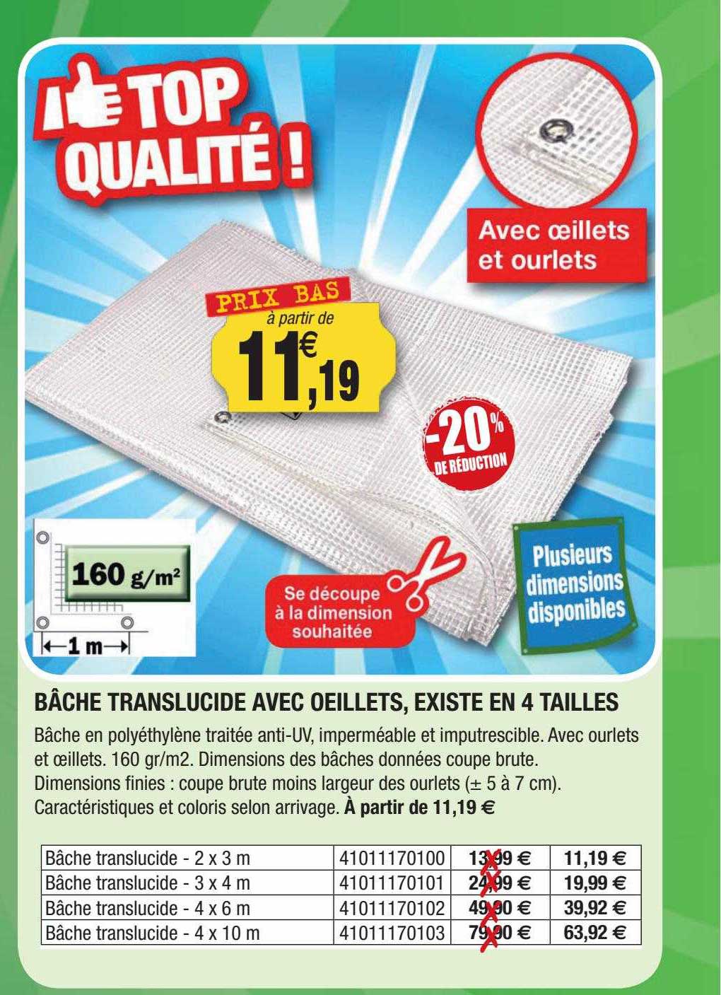 bâche translucide avec œillets, existe en 4 tailles