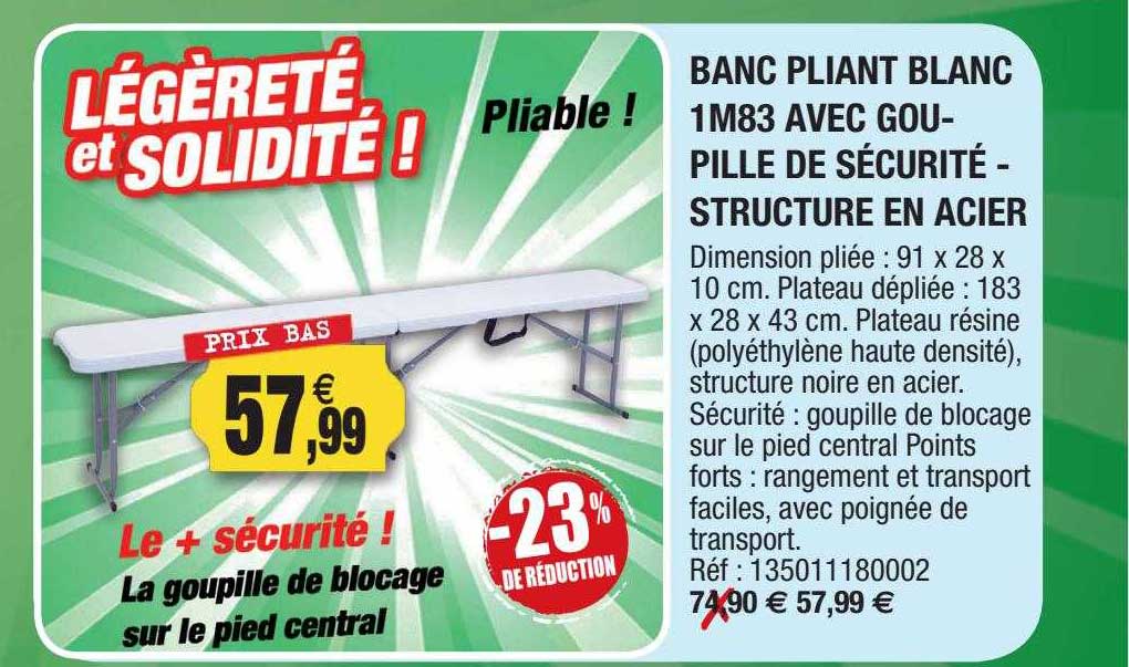 banc pliant blanc 1m83 avec goupille de sécurité - structure en acier