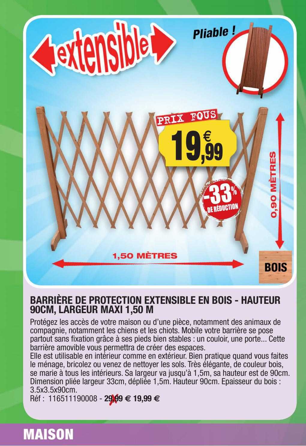 barrière de protection extensible en bois - hauteur 90cm, largeur maxi 1,50 m