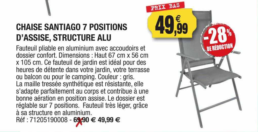 chaise santiago 7 positions d'assise, structure alu
