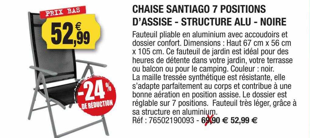 chaise santiago 7 postions d'assise - structure alu - noire