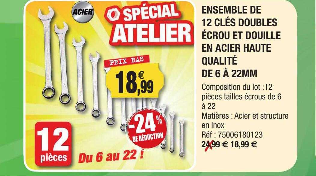 ensemble de 12 clés doubles écrou et douille en acier haute qualité de 6 à 22mm