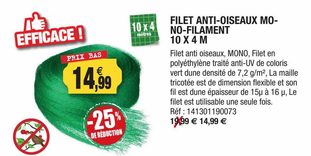 filet anti-oiseaux mono-filament 10 x 4 m