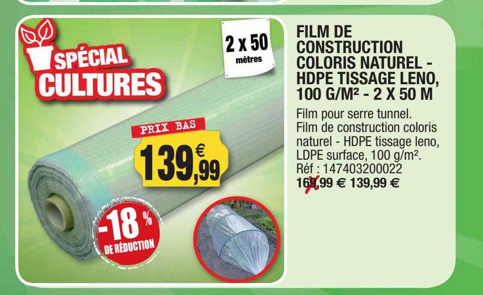 film de construction coloris naturel - hdpe tissage leno, 100 g-m² - 2 x 50 m