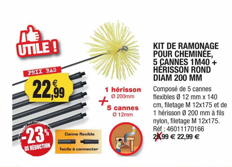 kit de ramonage pour cheminée, 5 cannes 1m40 + hérisson rond diam 200 mm