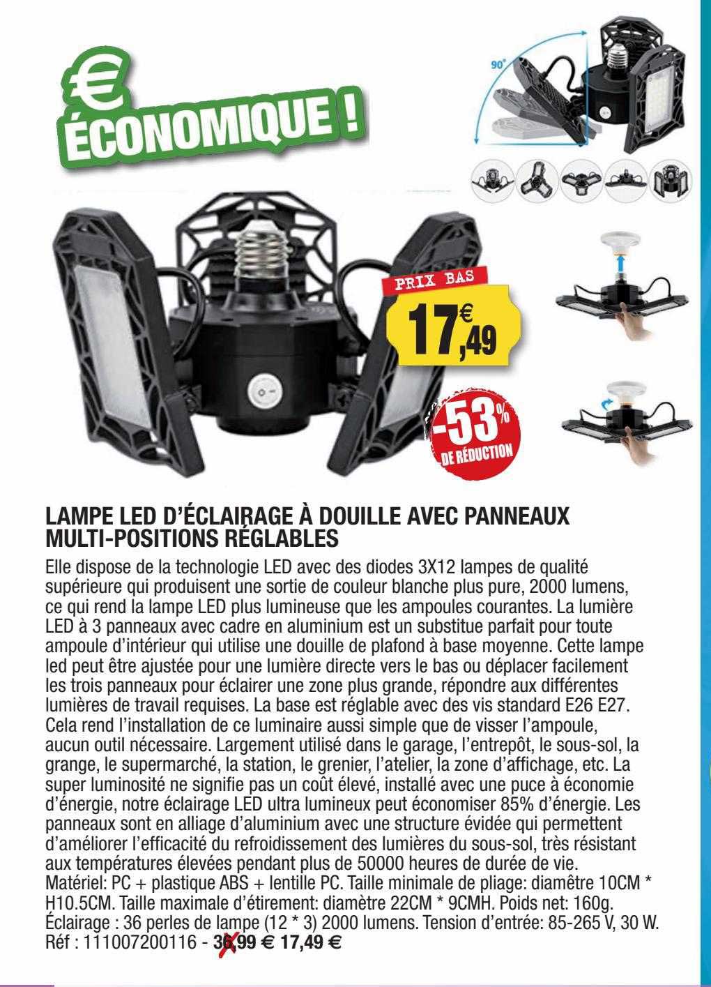 lampe led d'éclairage à douille avec panneau multi-positions réglables