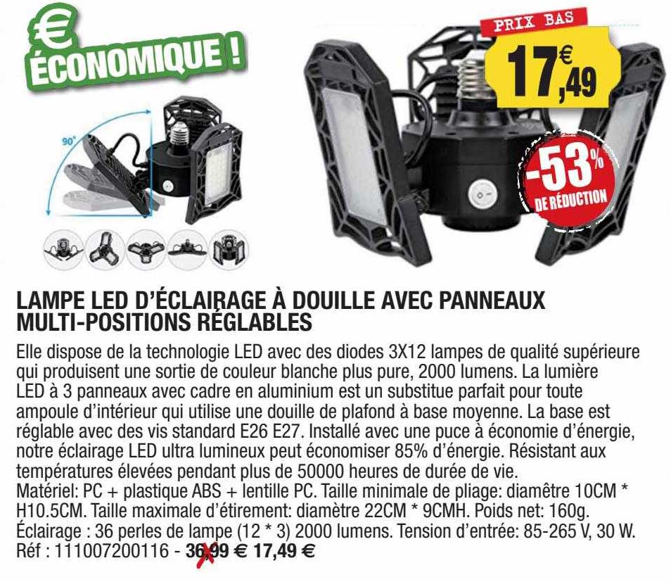 lampe led d'éclairage à douille avec panneaux multi-positions réglables