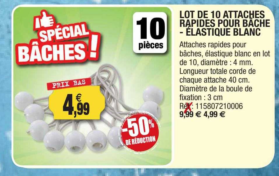 lot de 10 attaches rapides pour bâche - élastique blanc
