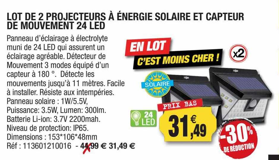 lot de 2 projecteurs à énergie solaire et capteur de mouvement 24 led