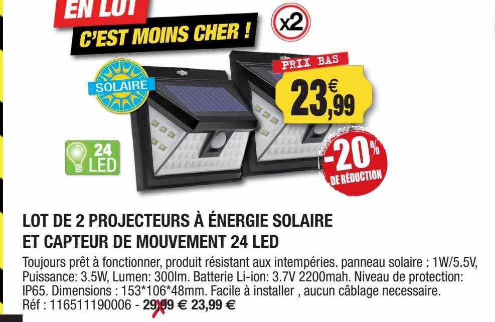 lot de 2 projecteurs à énergie solaire et capteur de mouvement 24 led