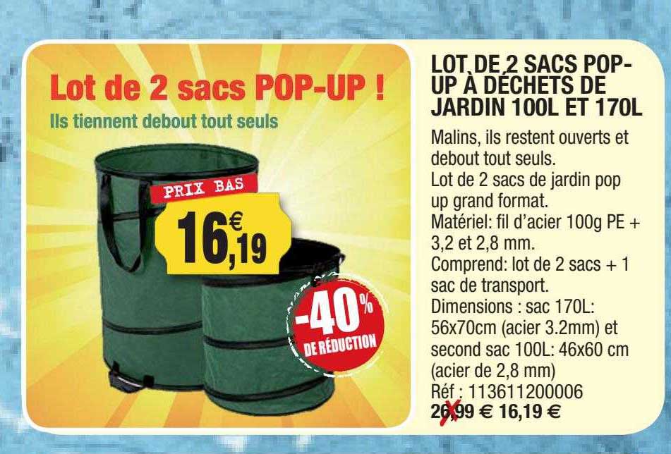 lot de 2 sacs pop-up à déchets de jardin 100l et 170l