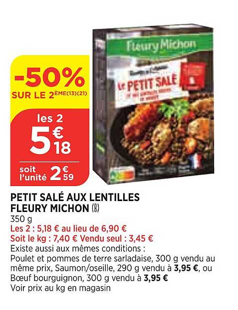 petit salé aux lentilles fleury michon -50% sur le 2ème