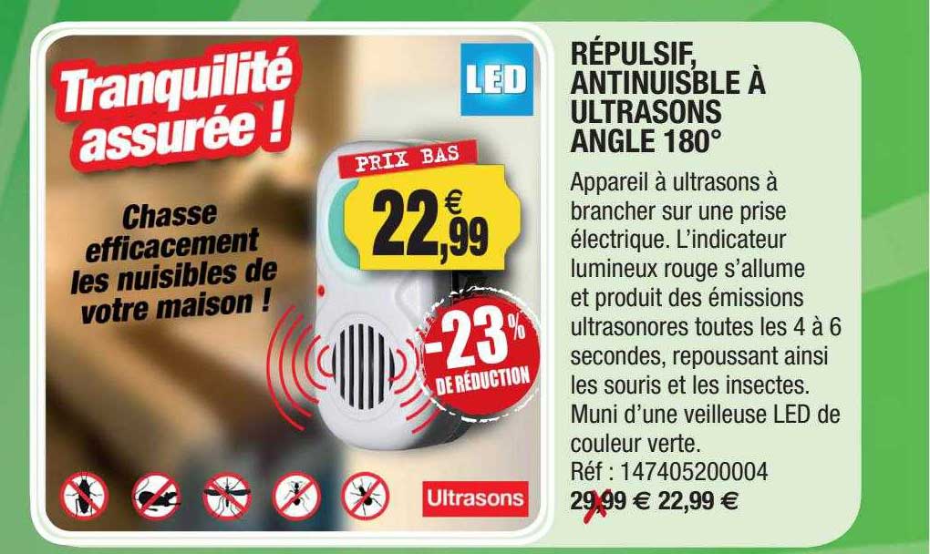 répulsif, anti nuisible à ultrasons angle 180°