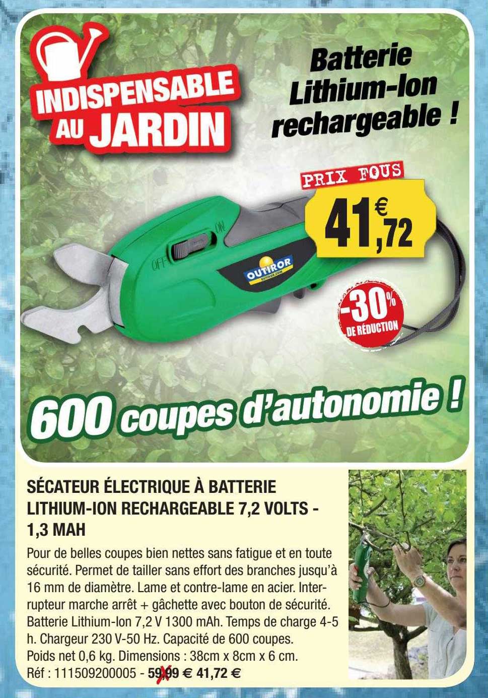 sécateur électrique à batterie lithium-ion rechargeable 7,2 volts - 1,3 mah