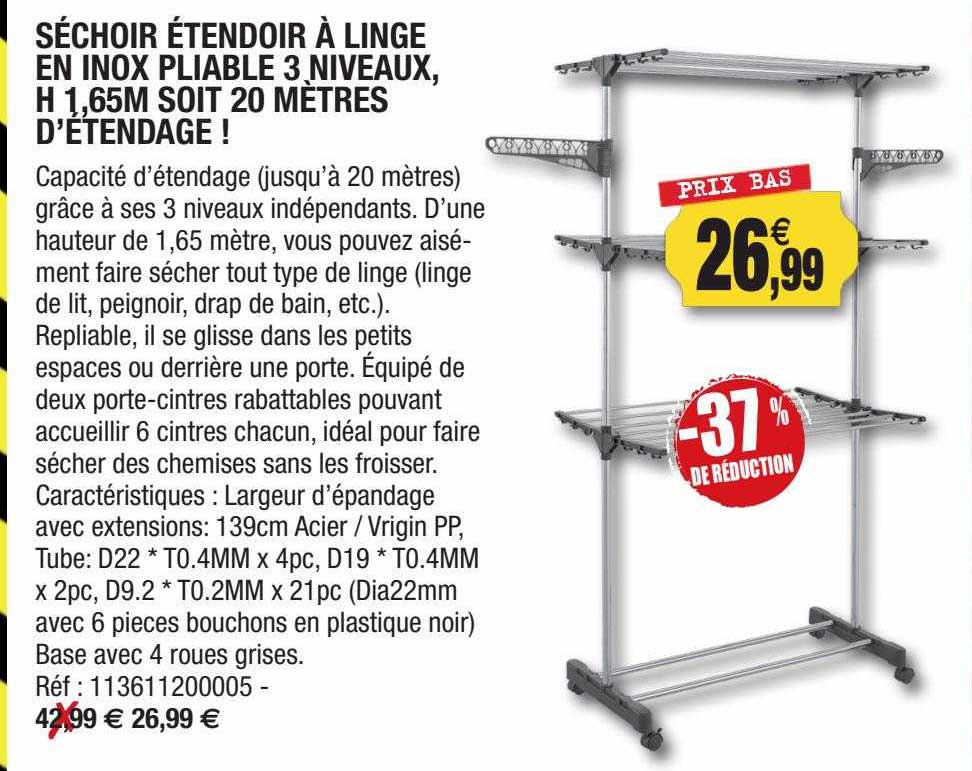 séchoir étendoir à linge en inox pliable 3 niveaux, h. 1,65m soit 20 mètres d'étendage !