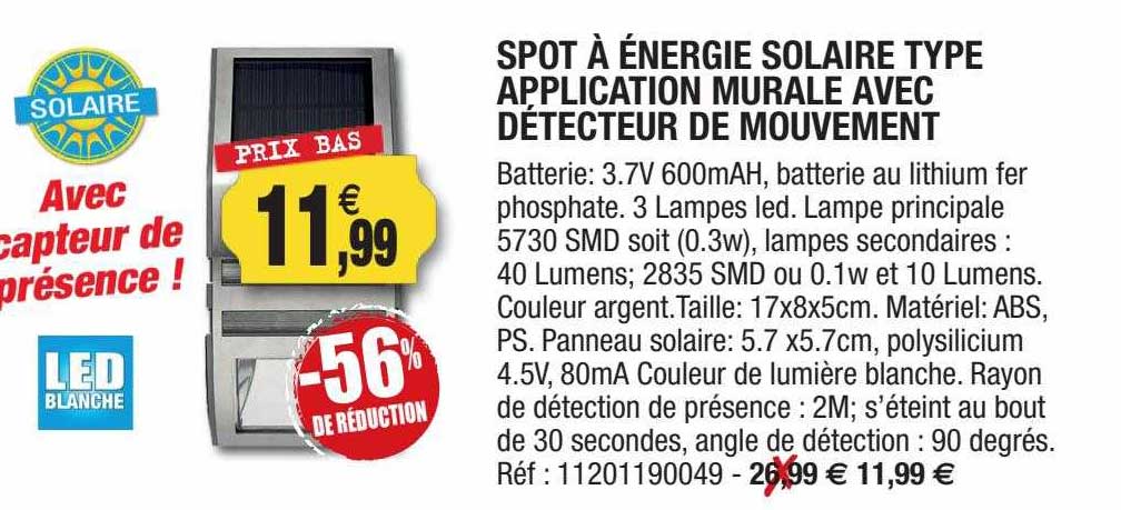 spot à énergie solaire type application murale avec détecteur de mouvement