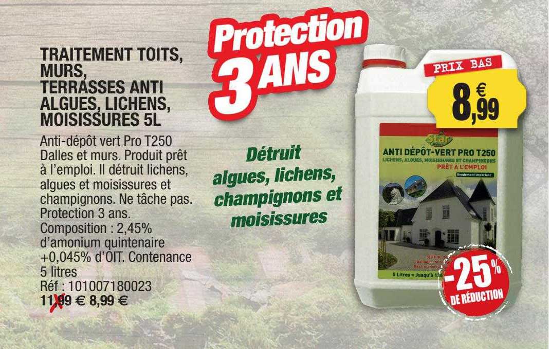 traitement toits, murs, terrasses anti algues, lichen, moisissures 5l