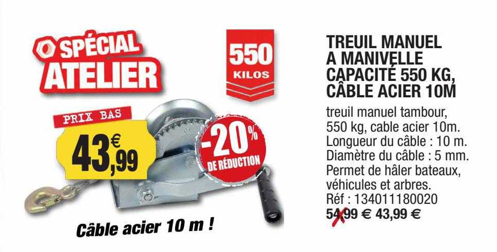 treuil manuel à manivelle capacité 550 kg, câble acier 10m