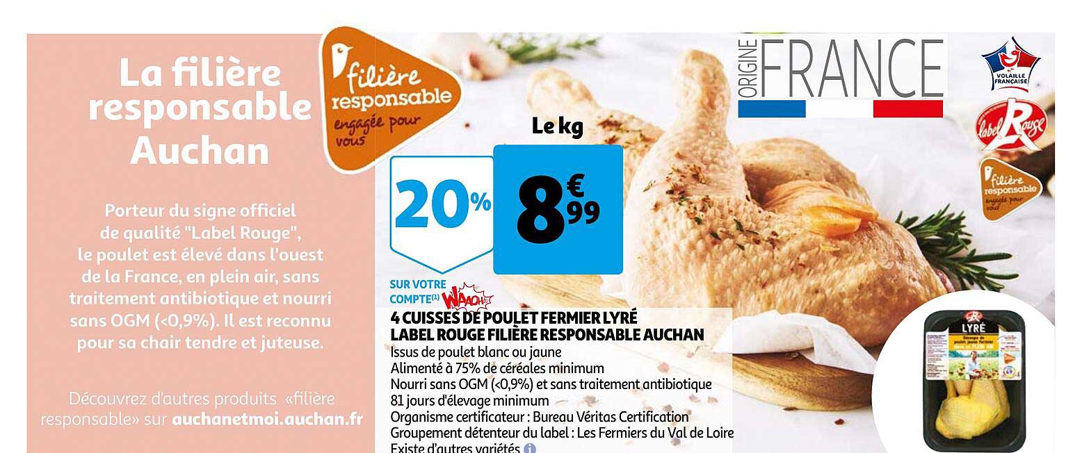 4 cuisses de poulet fermier lyré label rouge filière responsable auchan