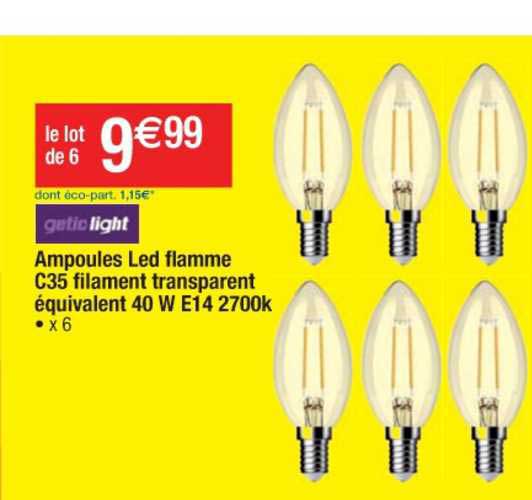 ampoules led flamme c35 filament transparent équivalent 40 w e14 2700k