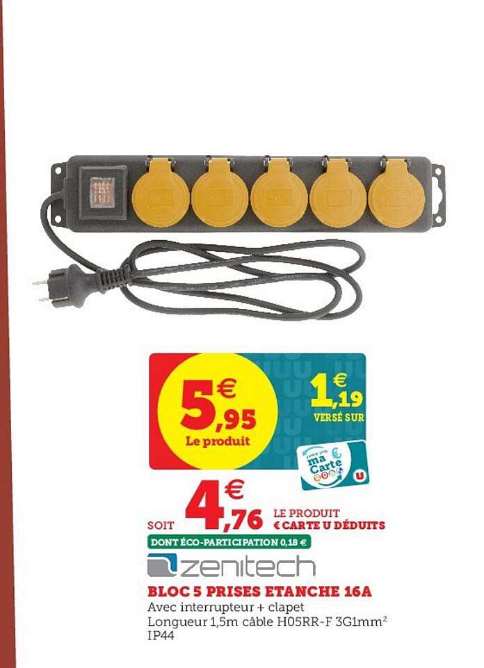 bloc 5 prises étanche 16a zenitech