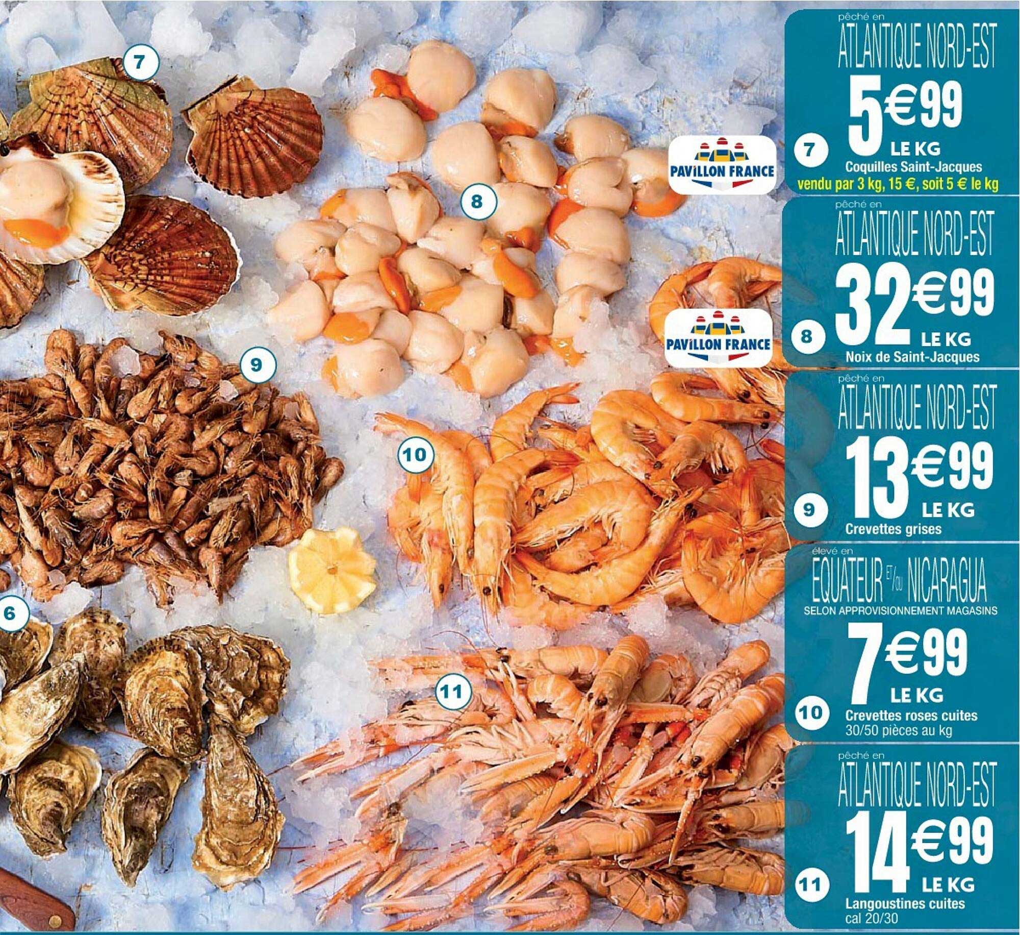 coquilles saint-jacques, noix de saint-jacques, crevettes grises, crevettes roses cuites, langoustines cuites