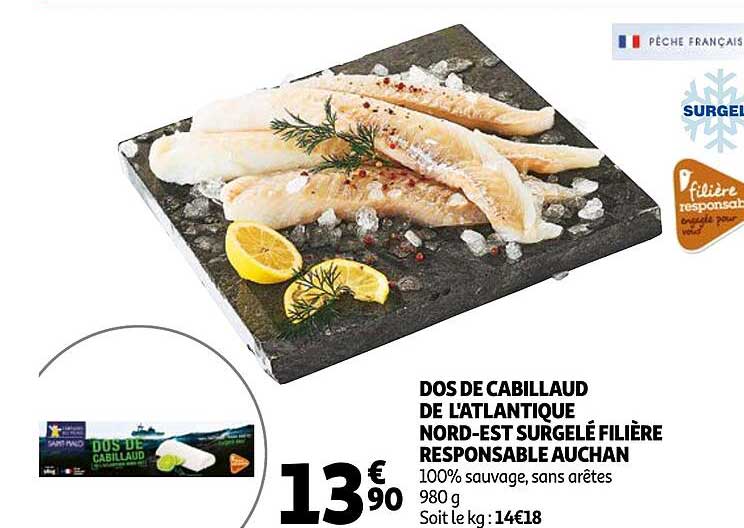 Dos De Cabillaud De L'atlantique Nord-est Surgelé Filière Responsable Auchan