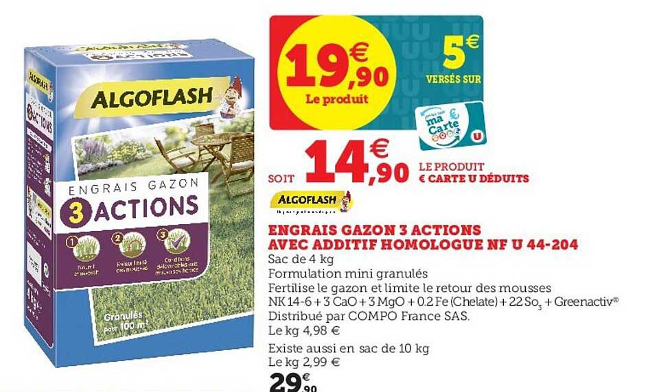 engrais gazon 3 actions avec additif homologue nf u 44-204 algoflash