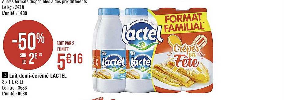 Lait Demi-écrémé Lactel