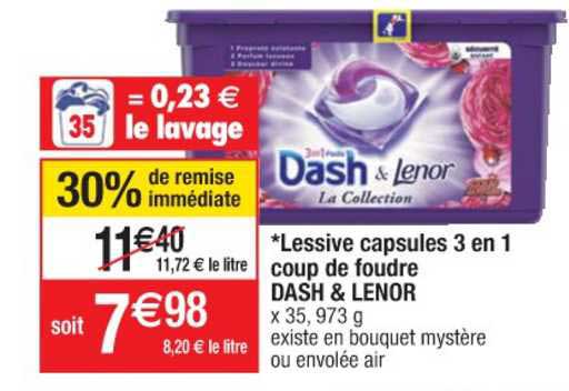 lessive capsules 3 en 1 coup de foudre dash & lenor