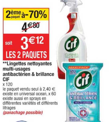 lingettes nettoyantes multi-usages antibactérien & brillance cif