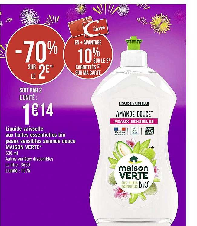 liquide vaisselle aux huiles essentielles bio peaux sensibles amande douce maison verte