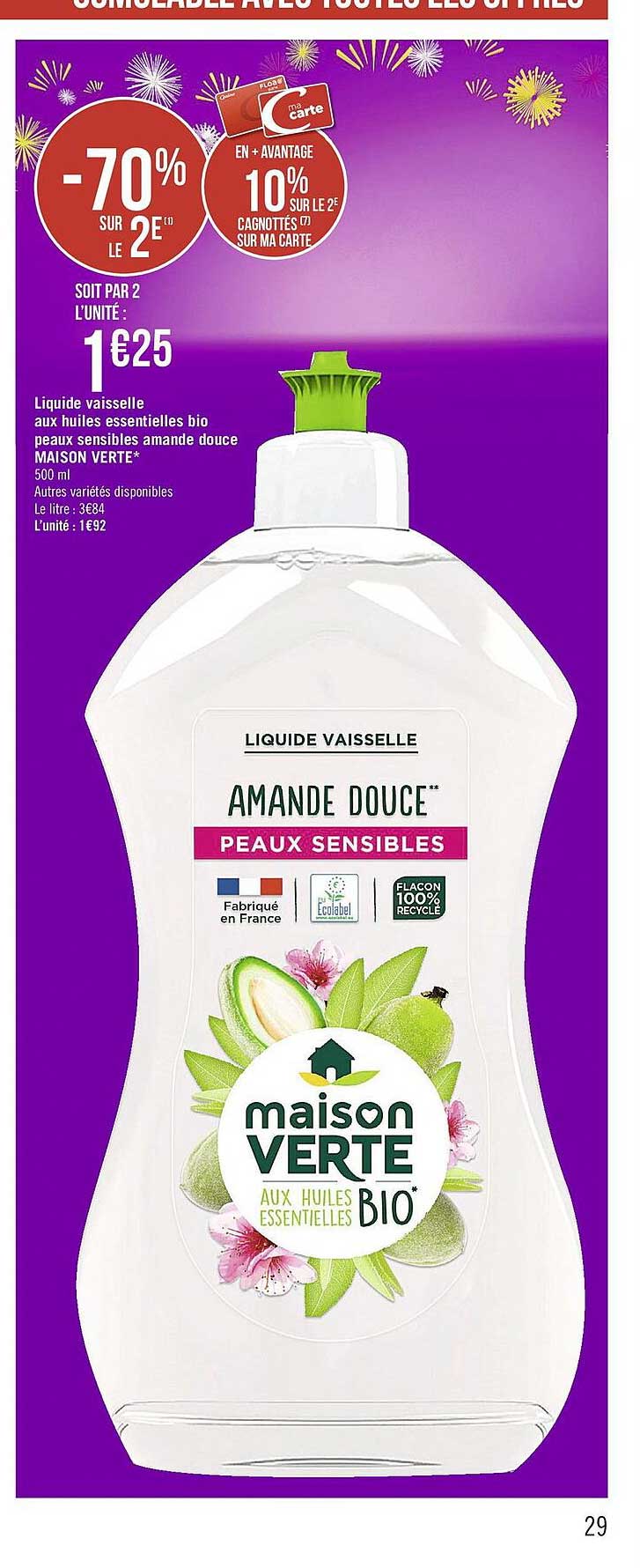 liquide vaisselle aux huiles essentielles bio peaux sensibles amande douce maison verte