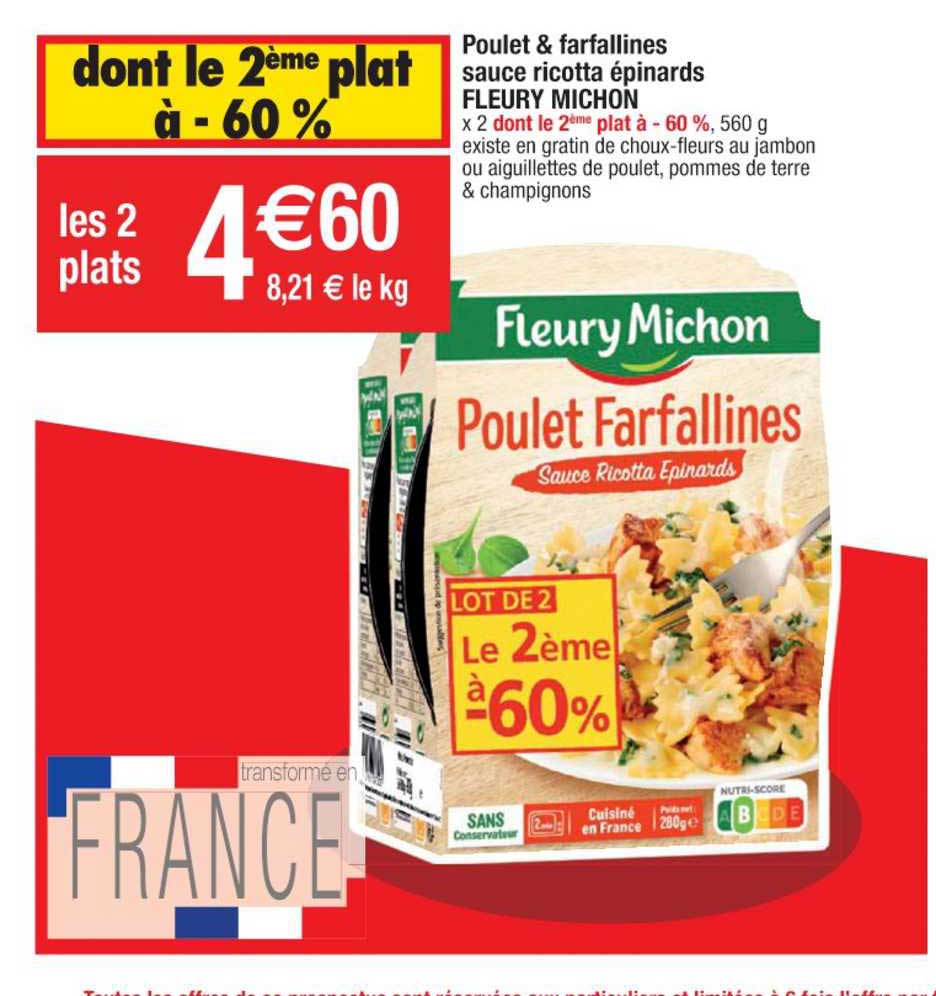 poulet & farfallines sauce ricotta épinards fleury michon