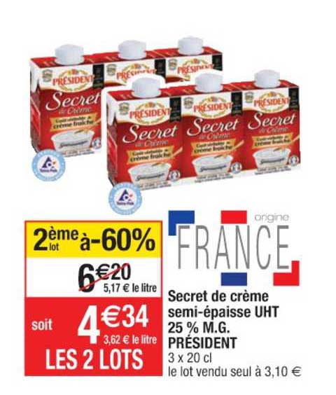secret de crème semi-épaisse uht 25% m.g. président
