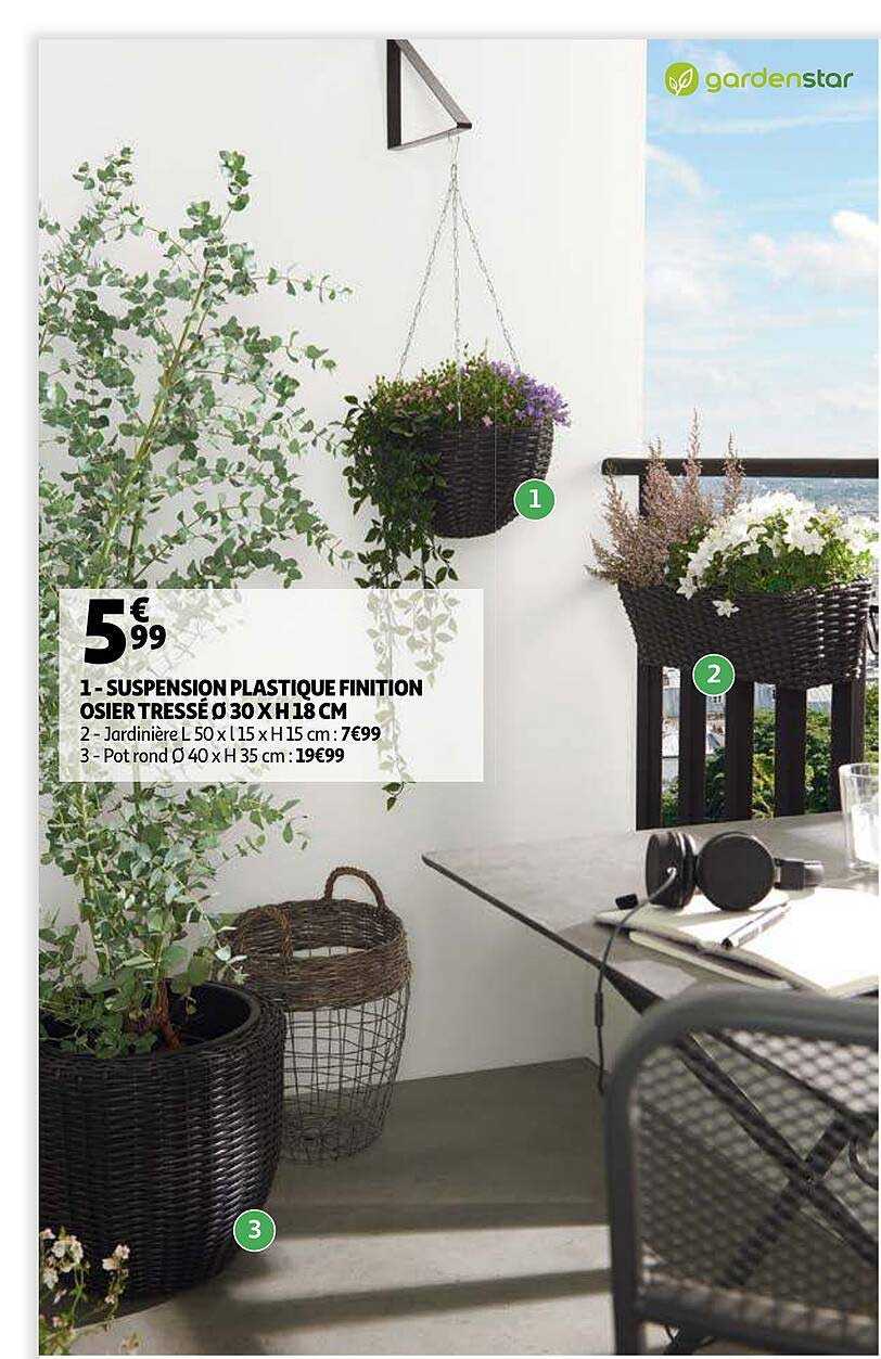 suspension plastique finition osier tressé 30 x h18 cm