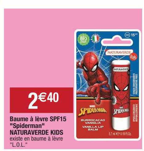 baume à lèvre spf15 "spiderman" naturaverde kids