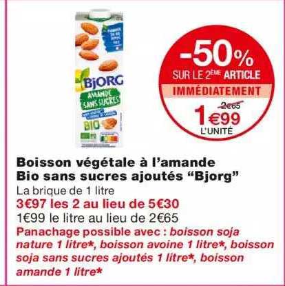 boisson végétale à l'amande bio sans sucres ajoutés "bjorg"