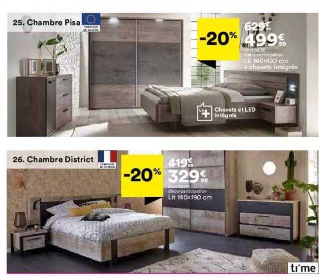 chabre pisa : lit 140 x 190 cm + 2 chevets intégrés, chambre district : lit 140 x 190 cm time