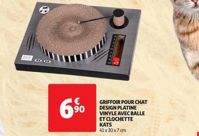 griffoir pour chat design platine vinyle avec balle et clochette kats