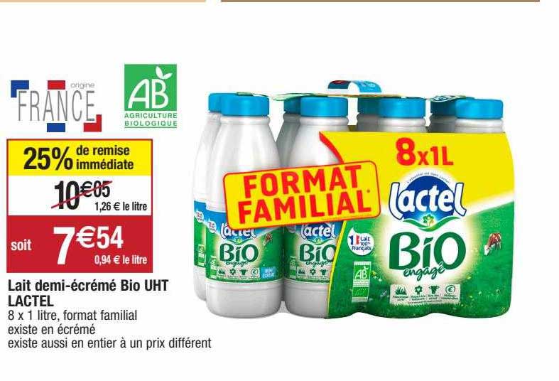 lait demi-écrémé bio uht lactel