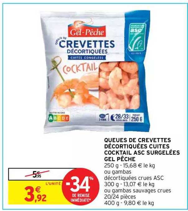 Queues De Crevettes Décortiquées Cuites Cocktail Asc Surgelées Gel Pêche