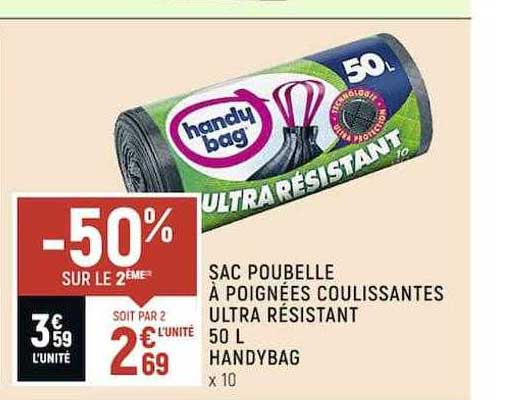 sac poubelle à poignées coulissantes ultra résistant 50l handybag