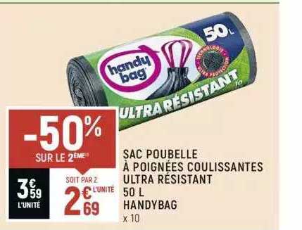 sac poubelle à poignées coulissantes ultra résistant 50l handybag
