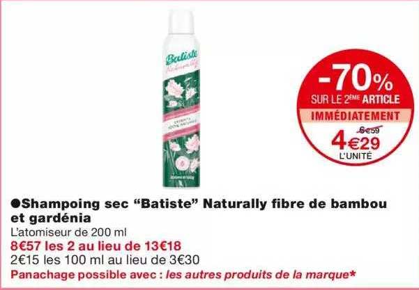 shampoing sec "batiste" naturally fibre de bambou et gardénia